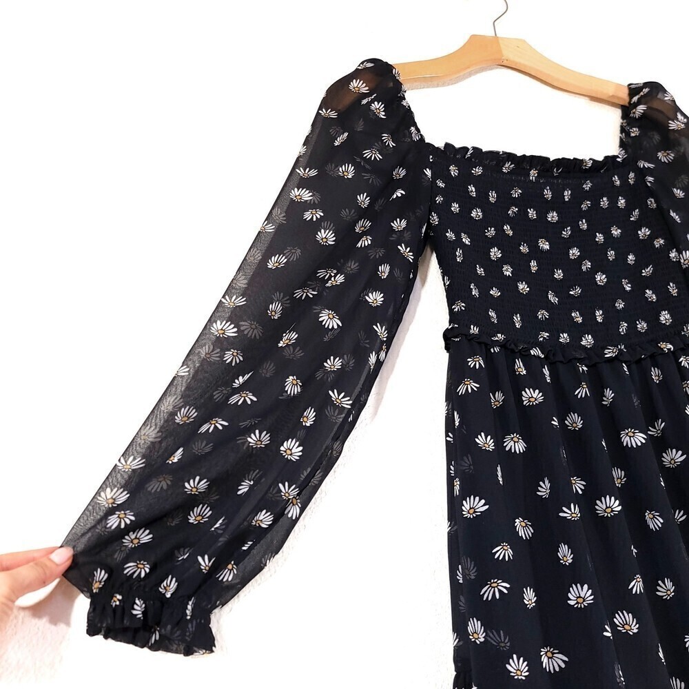 NEW Wilfred Laken Mini Dress Sheer Puff Sleeve Smocked in Black Daisy Floral XXS - Picture 2 of 13